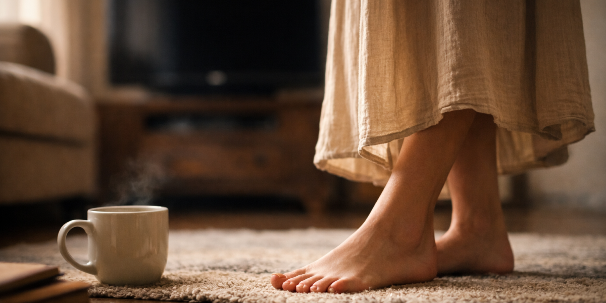 Barfuß tanzen im Wohnzimmer, TV ausgeschaltet