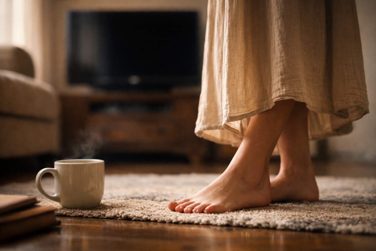 Barfuß tanzen im Wohnzimmer, TV ausgeschaltet
